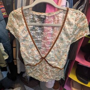 *American Rag Floral Lace Blouse with Brown Accents